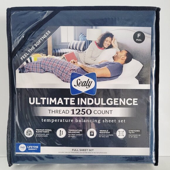 NWT Sealy Ultimate Indulgence 1250 Thread Count NAVY Bedsheet Set FULL - Picture 1 of 5